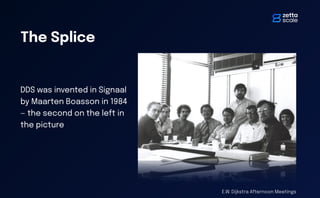 The Splice
DDS was invented in Signaal
by Maarten Boasson in 1984
— the second on the left in
the picture
E.W. Dijkstra Afternoon Meetings
 