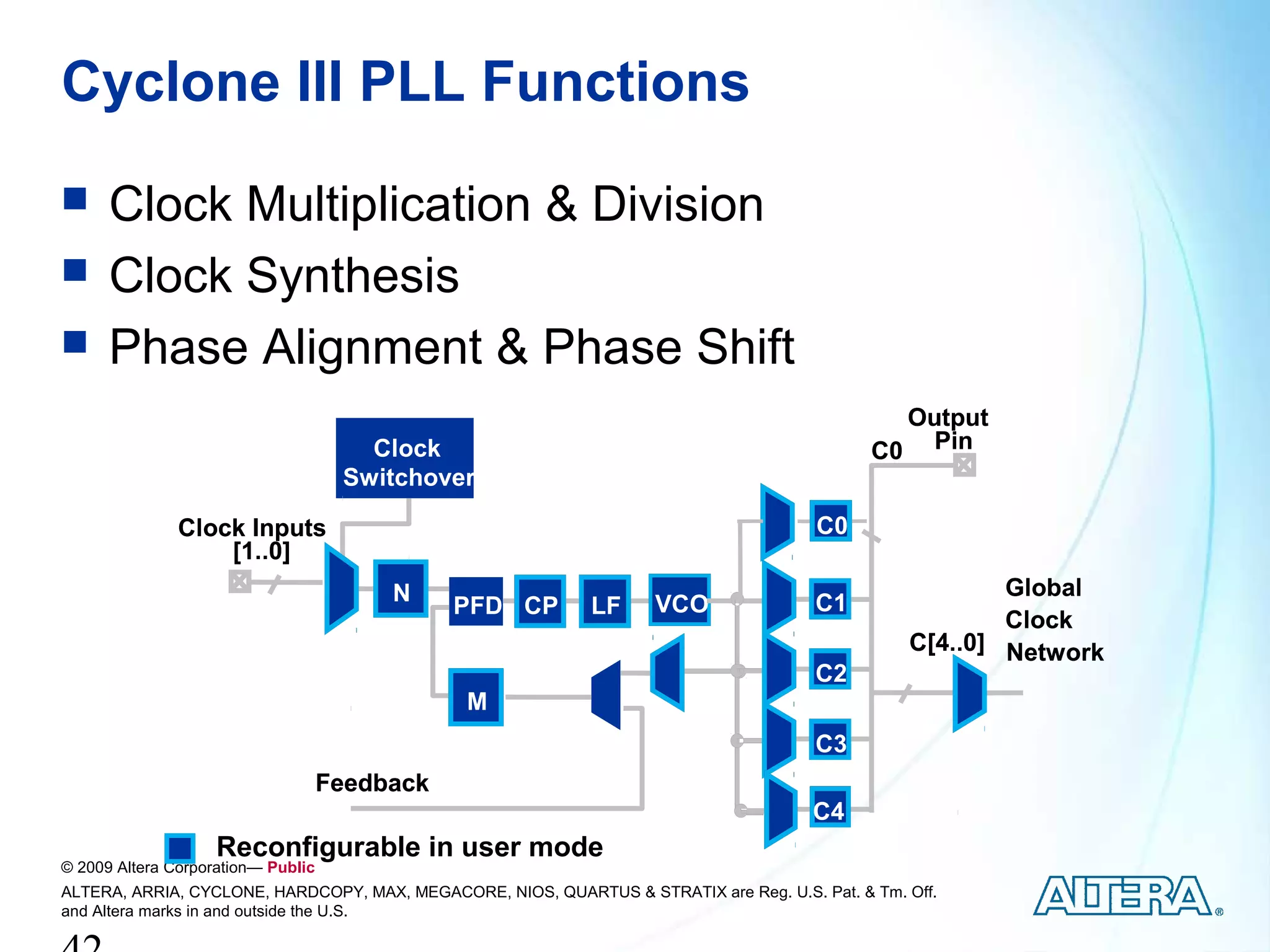 Cyclone III PLL Functions
     Clock Multiplication & Division
     Clock Synthesis
     Phase Alignment & Phase Shift
                                                                                                Output
                                       Clock                                                  C0 Pin
                                     Switchover

               Clock Inputs                                                            C0
                   [1..0]
                                         N                                                                Global
                                               PFD CP        LF      VCO               C1
                                                                                                          Clock
                                                                                                  C[4..0] Network
                                                                                       C2
                                               M
                                                                                       C3
                                    Feedback
                                                                                       C4
                    Reconfigurable in user mode
© 2009 Altera Corporation— Public
ALTERA, ARRIA, CYCLONE, HARDCOPY, MAX, MEGACORE, NIOS, QUARTUS & STRATIX are Reg. U.S. Pat. & Tm. Off.
and Altera marks in and outside the U.S.
 