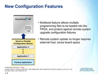 New Configuration Features


                                                  • Multiboot feature allows multiple
                                    Update          programming files to be loaded into the
                                    Control
                                     Logic
                                                    FPGA, and protect against remote system
                                                    upgrade configuration failures

                                                  • Remote system update no longer requires
                Serial or Parallel
              Configuration Device                  external host, saves board space
                    Application n



                    Application 1


                Factory application

© 2009 Altera Corporation— Public
ALTERA, ARRIA, CYCLONE, HARDCOPY, MAX, MEGACORE, NIOS, QUARTUS & STRATIX are Reg. U.S. Pat. & Tm. Off.
and Altera marks in and outside the U.S.
 