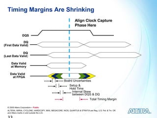 Timing Margins Are Shrinking
                                                                 Align Clock Capture
                                                                 Phase Here

                 DQS

              DQ
(First Data Valid)

             DQ
(Last Data Valid)

     Data Valid
     at Memory

    Data Valid
     at FPGA
                                                       Board Uncertainties
                                                            Setup &
                                                            Hold Time
                                                             Internal Skew
                                                             between DQS & DQ
                                                                               Total Timing Margin

  © 2009 Altera Corporation— Public
  ALTERA, ARRIA, CYCLONE, HARDCOPY, MAX, MEGACORE, NIOS, QUARTUS & STRATIX are Reg. U.S. Pat. & Tm. Off.
  and Altera marks in and outside the U.S.
 
