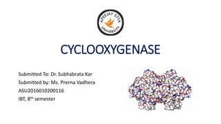 CYCLOOXYGENASE
Submitted To: Dr. Subhabrata Kar
Submitted by: Ms. Prerna Vadhera
ASU2016010200116
IBT, 8th semester
 