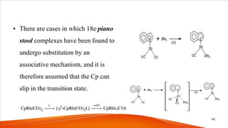 • There are cases in which 18e-piano
stool complexes have been found to
undergo substitution by an
associative mechanism, and it is
therefore assumed that the Cp can
slip in the transition state.
14
 