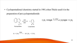 • Cyclopentadienyl chemistry started in 1901,when Thiele used it in the
preparation of pot.cyclopentadienide
H
H H H
2
150o
C
300o
C
Dicyclopentadiene Cyclopentadiene
K + C5H6 5 5
K+C H - + 1/2 H2
PhH
C5H6 +EtMgBr
Et 2O/PhH
C5H5MgBr + C2H6
20
 