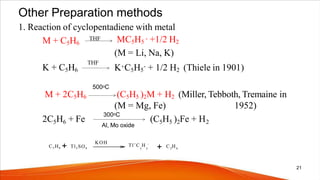 Other Preparation methods
1. Reaction of cyclopentadiene with metal
M + C5H6
K + C5H6
-
MC5H5
- +1/2 H2
(M = Li, Na, K)
K+C5H5 + 1/2 H2 (Thiele in 1901)
M + 2C5H6 (C5H5 )2M + H2 (Miller, Tebboth, Tremaine in
(M = Mg, Fe) 1952)
5 6
2C H + Fe (C H ) Fe + H
5 5 2 2
500oC
300oC
Al, Mo oxide
THF
THF
C5H6 + Tl2SO4
KOH
Tl+
C H -
5 5 + C H
2 6
21
 