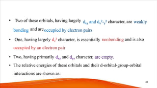 character, are
• Two of these orbitals, having largely
and are
• One, having largely character, is essentially and is also
• Two, having primarily and character,
• The relative energies of these orbitals and their d-orbital-group-orbital
interactions are shown as:
42
 