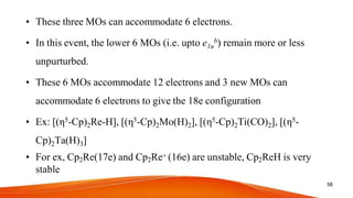 • These three MOs can accommodate 6 electrons.
• In this event, the lower 6 MOs (i.e. upto e1u
b) remain more or less
unpurturbed.
• These 6 MOs accommodate 12 electrons and 3 new MOs can
accommodate 6 electrons to give the 18e configuration
• Ex: [(η5-Cp)2Re-H], [(η5-Cp)2Mo(H)2], [(η5-Cp)2Ti(CO)2], [(η5-
Cp)2Ta(H)3]
• For ex, Cp2Re(17e) and Cp2Re+ (16e) are unstable, Cp2ReH is very
stable
58
 