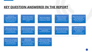 9
KEY QUESTION ANSWERED IN THE REPORT
How has the
cyclopentane market
performed so far and
how will it perform in
the coming years?
What is the market
segmentation of the
global cyclopentane
market?
What is the regional
breakup of the global
cyclopentane market?
What are the price
trends of various
feedstocks in the
cyclopentane industry?
What is the structure of
the cyclopentane
industry and who are
the key players?
What are the various
unit operations involved
in a cyclopentane
manufacturing plant?
What is the total size of
land required for setting
up a cyclopentane
manufacturing plant?
What is the layout of a
cyclopentane
manufacturing plant?
What are the machinery
requirements for setting
up a cyclopentane
manufacturing plant?
What are the raw
material requirements
for setting up a
cyclopentane
manufacturing plant?
What are the packaging
requirements for setting
up a cyclopentane
manufacturing plant?
What are the
transportation
requirements for setting
up a cyclopentane
manufacturing plant?
What are the utility
requirements for setting
up a cyclopentane
manufacturing plant?
 