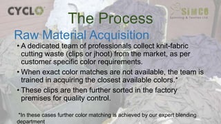 The Process
• A dedicated team of professionals collect knit-fabric
cutting waste (clips or jhoot) from the market, as per
customer specific color requirements.
• When exact color matches are not available, the team is
trained in acquiring the closest available colors.*
• These clips are then further sorted in the factory
premises for quality control.
Raw Material Acquisition
*In these cases further color matching is achieved by our expert blending
department
 