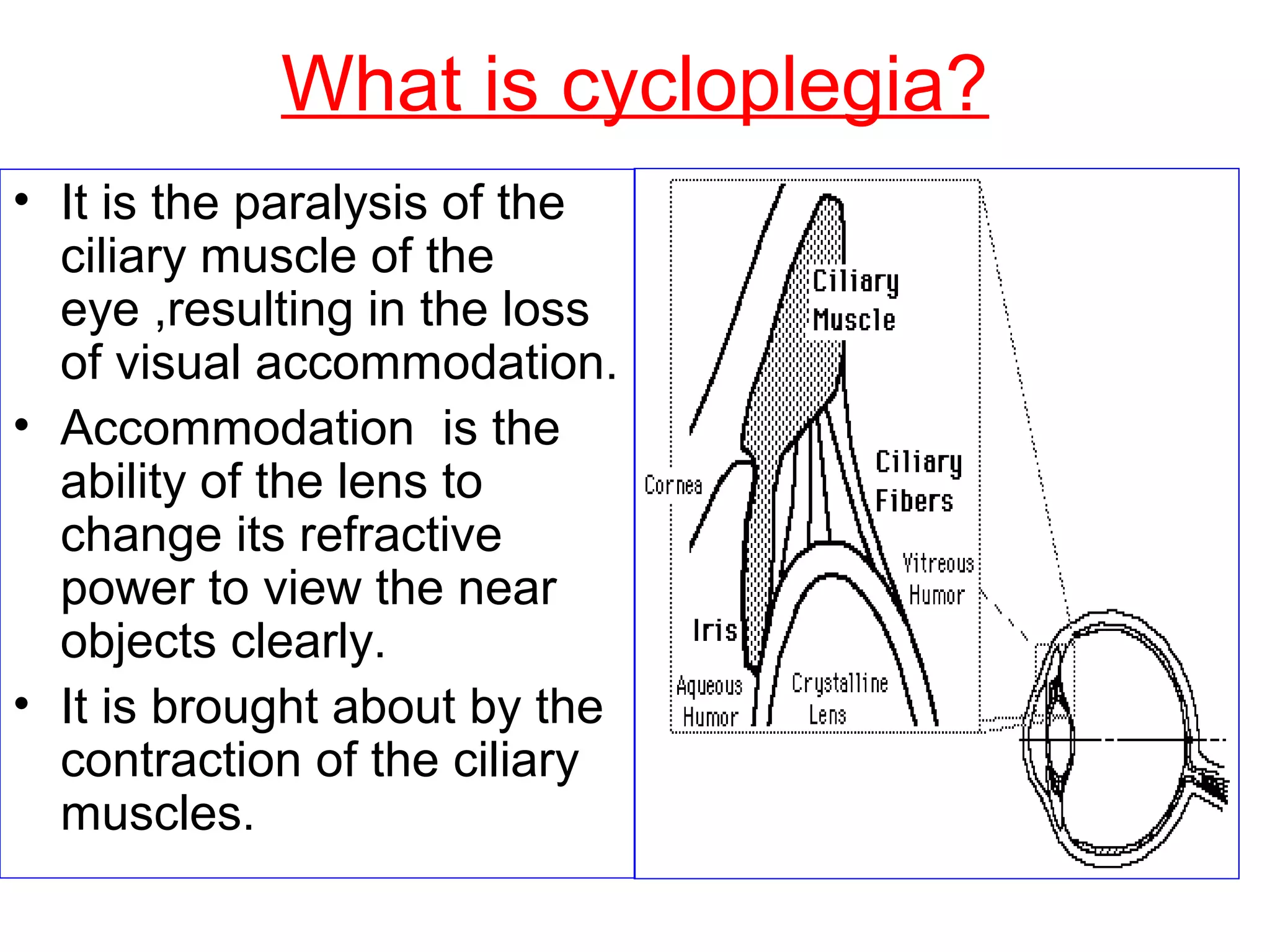 What is cycloplegia?
• It is the paralysis of the
ciliary muscle of the
eye ,resulting in the loss
of visual accommodation.
• Accommodation is the
ability of the lens to
change its refractive
power to view the near
objects clearly.
• It is brought about by the
contraction of the ciliary
muscles.
 