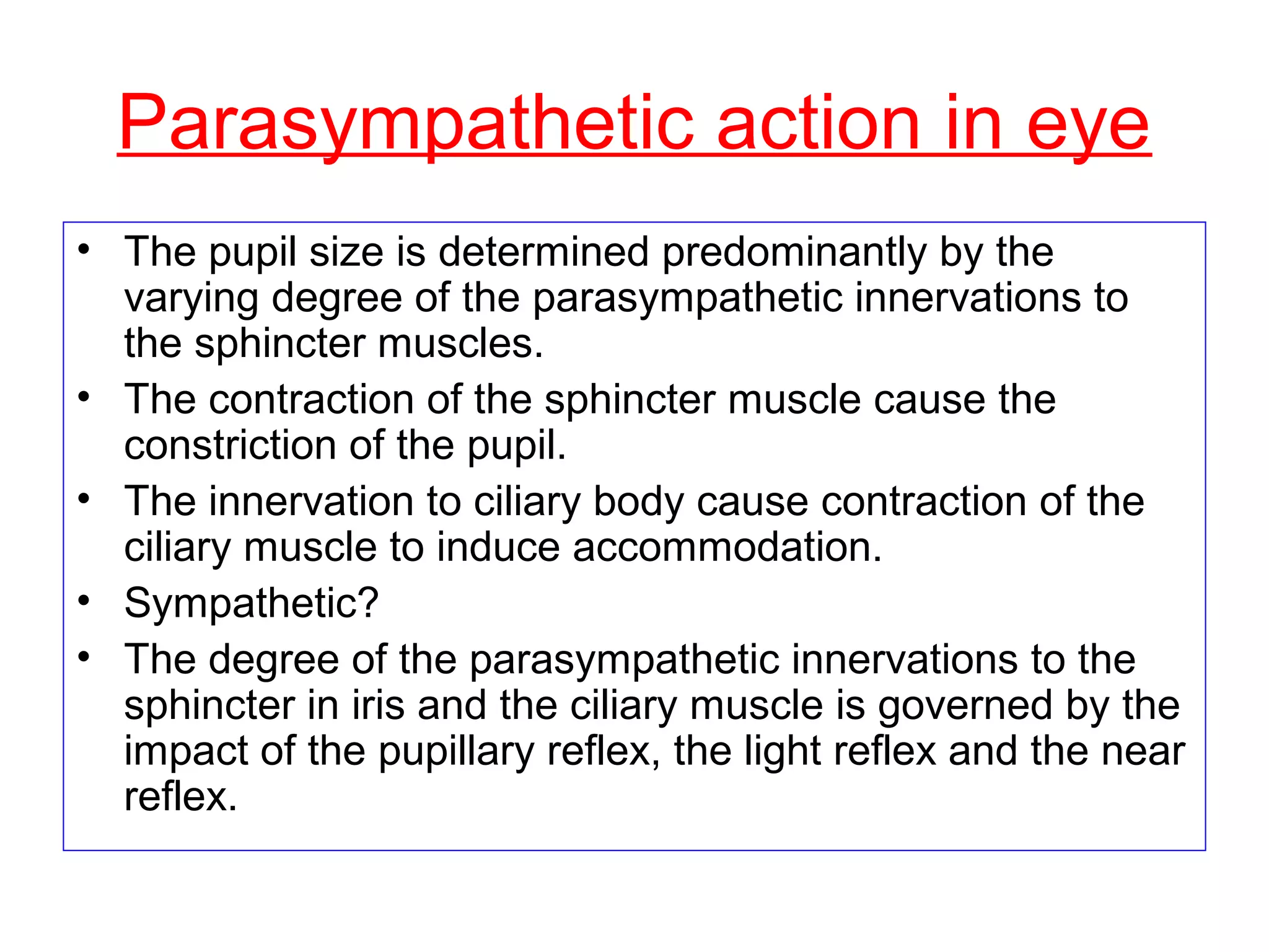 Parasympathetic action in eye
• The pupil size is determined predominantly by the
varying degree of the parasympathetic innervations to
the sphincter muscles.
• The contraction of the sphincter muscle cause the
constriction of the pupil.
• The innervation to ciliary body cause contraction of the
ciliary muscle to induce accommodation.
• Sympathetic?
• The degree of the parasympathetic innervations to the
sphincter in iris and the ciliary muscle is governed by the
impact of the pupillary reflex, the light reflex and the near
reflex.
 