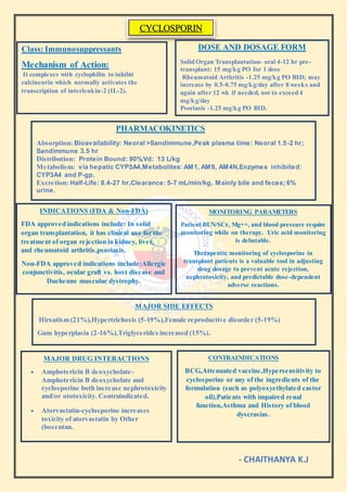 CYCLOSPORIN
Class: Immunosuppressants
Mechanism of Action:
It complexes with cyclophilin to inhibit
calcineurin which normally activates the
transcription of interleukin-2 (IL-2).
DOSE AND DOSAGE FORM
Solid Organ Transplantation- oral 4-12 hr pre-
transplant: 15 mg/kg PO for 1 dose
Rheumatoid Arthritis -1.25 mg/kg PO BID; may
increase by 0.5-0.75 mg/kg/day after 8 weeks and
again after 12 wk if needed, not to exceed 4
mg/kg/day
Psoriasis -1.25 mg/kg PO BID.
PHARMACOKINETICS
Absorption: Bioavailability: Neoral >Sandimmune,Peak plasma time: Neoral 1.5-2 hr;
Sandimmune 3.5 hr
Distribution: Protein Bound: 90%,Vd: 13 L/kg
Metabolism: via hepatic CYP3A4,Metabolites: AM1, AM9, AM4N,Enzymes inhibited:
CYP3A4 and P-gp.
Excretion: Half-Life: 8.4-27 hr,Clearance: 5-7 mL/min/kg, Mainly bile and feces; 6%
urine.
MONITORING PARAMETERS
Patient BUN/SCr, Mg++, and blood pressure require
monitoring while on therapy. Uric acid monitoring
is debatable.
Therapeutic monitoring of cyclosporine in
transplant patients is a valuable tool in adjusting
drug dosage to prevent acute rejection,
nephrotoxicity, and predictable dose-dependent
adverse reactions.
INDICATIONS (FDA & Non-FDA)
FDA approved indications include: In solid
organ transplantation, it has clinical use for the
treatment of organ rejection in kidney, liver,
and rheumatoid arthritis,psoriasis.
Non-FDA approved indications include:Allergic
conjunctivitis, ocular graft vs. host disease and
Duchenne muscular dystrophy.
.
MAJOR SIDE EFFECTS
Hirsutism (21%),Hypertrichosis (5-19%),Female reproductive disorder (5-19%)
Gum hyperplasia (2-16%),Triglycerides increased (15%).
MAJOR DRUG INTERACTIONS
 Amphotericin B deoxycholate-
Amphotericin B deoxycholate and
cyclosporine both increase nephrotoxicity
and/or ototoxicity. Contraindicated.
 Atorvastatin-cyclosporine increases
toxicity of atorvastatin by Other
(bosentan.
VVVVVVII
CONTRAINDICATIONS
BCG,Attenuated vaccine,Hypersensitivity to
cyclosporine or any of the ingredients of the
formulation (such as polyoxyethylated castor
oil),Patients with impaired renal
function,Asthma and History of blood
dyscrasias.
- CHAITHANYA K.J
 