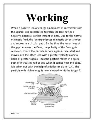 11 | P a g e
Working
When a positive ion of charge q and mass m is emitted from
the source, it is accelerated towards the Dee having a
negative potential at that instant of time. Due to the normal
magnetic field, the ion experiences magnetic Lorentz force
and moves in a circular path. By the time the ion arrives at
the gap between the Dees, the polarity of the Dees gets
reversed. Hence the particle is once again accelerated and
moves into the other Dee with a greater velocity along a
circle of greater radius. Thus the particle moves in a spiral
path of increasing radius and when it comes near the edge,
it is taken out with the help of a deflector plate (D.P). The
particle with high energy is now allowed to hit the target T.
 