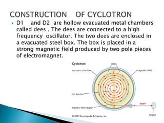    D1 and D2 are hollow evacuated metal chambers
    called dees . The dees are connected to a high
    frequency oscillator. The two dees are enclosed in
    a evacuated steel box. The box is placed in a
    strong magnetic field produced by two pole pieces
    of electromagnet.
 
