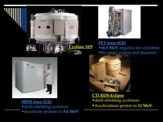 CTI RDS-Eclipse shelf-shielding cyclotron Accelerations proton to  11 MeV . MINI trace (GE) shelf-shielding cyclotron Accelerate protons to  9.6 MeV Cyclone 18/9 PET trace (GE) 16.5 MeV  negative ion cyclotron Six target proton and deuteron 