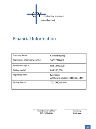 Financial Information
CY contracting company
beyond perfect
_______________
Chief Executive Officer
TEO CHONG YIH
______________
Secretary
Shirly Yew
Company Name CY contracting
Registration of company number SA0177160-K
Authorized Capital RM 1,000,000
Paid up capital RM 200,000
Registered bank Maybank
Account number: 101030231444
Signing director TEO CHONG YIH
10
 