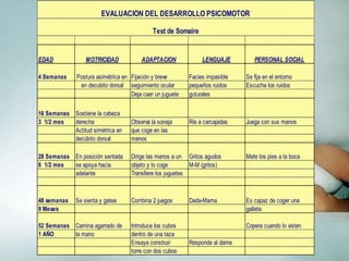 EDAD MOTRICIDAD ADAPTACION LENGUAJE PERSONAL SOCIAL
4 Semanas Postura asimétrica en Fijación y breve Facies impasible Se fija en el entorno
en decubito dorsal seguimiento ocular pequeños ruidos Escucha los ruidos
Deja caer un juguete guturales
16 Semanas Sostiene la cabeza
3 1/2 mes derecha Observa la sonaja Ríe a carcajadas Juega con sus manos
Actitud simétrica en que coge en las
decúbito dorsal manos
28 Semanas En posición sentada Dirige las manos a un Gritos agudos Mete los pies a la boca
6 1/2 mes se apoya hacia objeto y lo coge M-M (gritos)
adelante Transfiere los juguetes
48 semanas Se sienta y gatea Combina 2 juegos Dada-Mama Es capaz de coger una
9 Meses galleta
52 Semanas Camina agarrado de Introduce los cubos Copera cuando lo visten
1 AÑO la mano dentro de una taza
Ensaya construir Responde al dame
torre con dos cubos
EVALUACION DEL DESARROLLO PSICOMOTOR
Test de Somaire
 