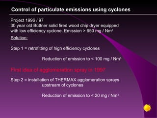 Control of particulate emissions using cyclones
Project 1996 / 97
30 year old Büttner solid fired wood chip dryer equipped
with low efficiency cyclone. Emission > 650 mg / Nm3
Solution:

Step 1 = retrofitting of high efficiency cyclones

                 Reduction of emission to < 100 mg / Nm3

First idea of agglomeration spray in 1997
Step 2 = installation of THERMAX agglomeration sprays
                 upstream of cyclones

                 Reduction of emission to < 20 mg / Nm3
 
