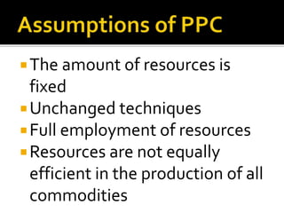 The amount of resources is
fixed
Unchanged techniques
Full employment of resources
Resources are not equally
efficient in the production of all
commodities
 