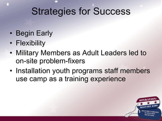 Strategies for Success Begin Early Flexibility Military Members as Adult Leaders led to on-site problem-fixers Installation youth programs staff members use camp as a training experience 