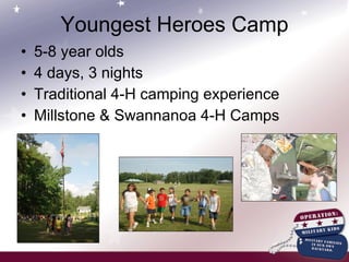 Youngest Heroes Camp 5-8 year olds 4 days, 3 nights Traditional 4-H camping experience Millstone & Swannanoa 4-H Camps 