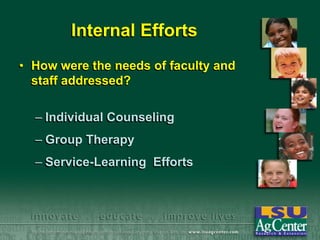 Internal Efforts
• How were the needs of faculty and
staff addressed?
– Individual Counseling

– Group Therapy
– Service-Learning Efforts

 
