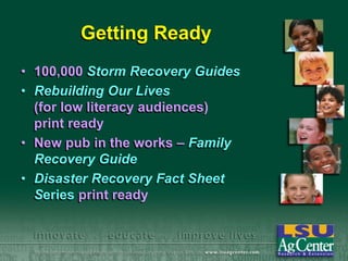 Getting Ready
• 100,000 Storm Recovery Guides
• Rebuilding Our Lives
(for low literacy audiences)
print ready
• New pub in the works – Family
Recovery Guide
• Disaster Recovery Fact Sheet
Series print ready

 