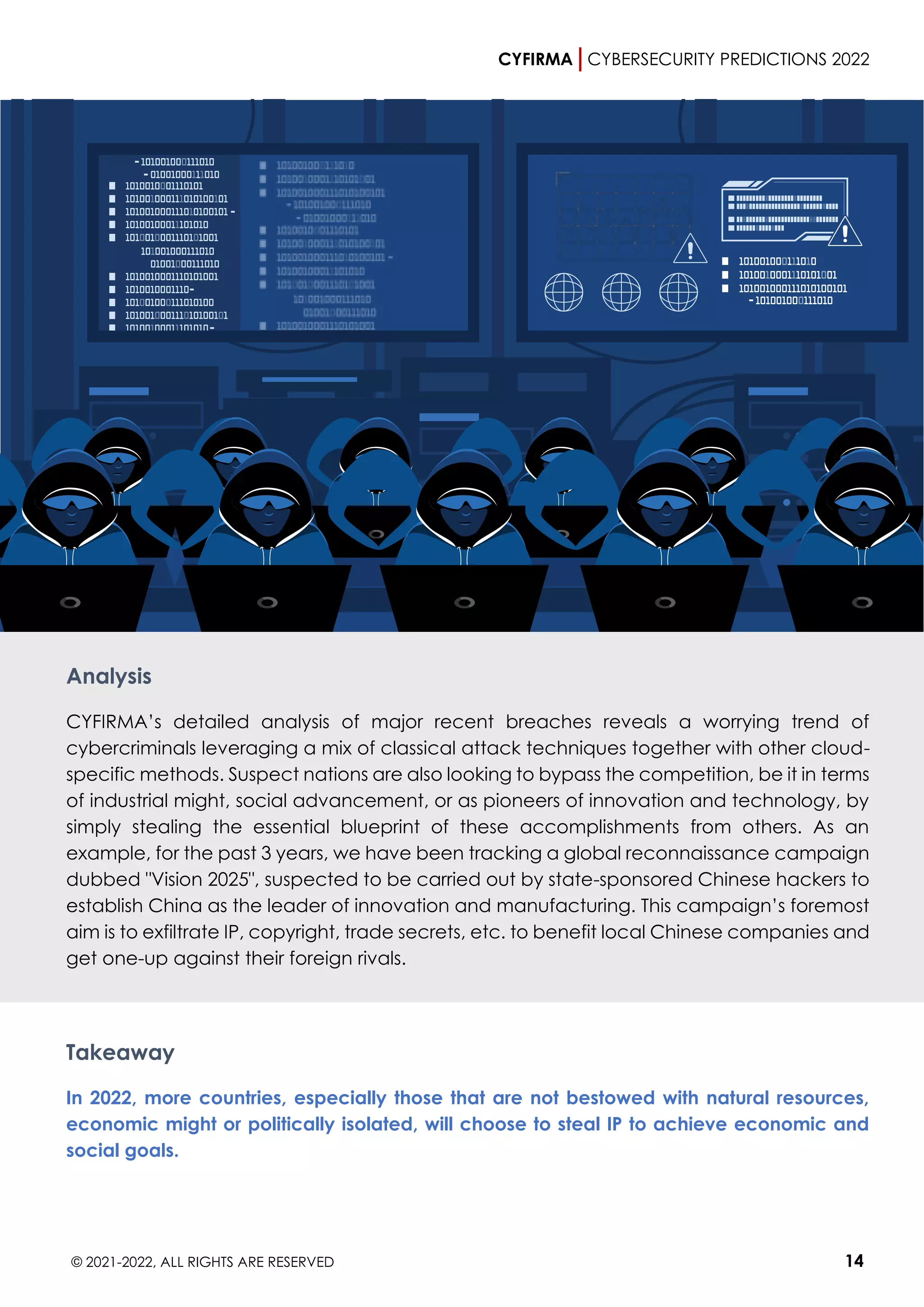 CYFIRMA CYBERSECURITY PREDICTIONS 2022
© 2021-2022, ALL RIGHTS ARE RESERVED 14
Analysis
CYFIRMA’s detailed analysis of major recent breaches reveals a worrying trend of
cybercriminals leveraging a mix of classical attack techniques together with other cloud-
specific methods. Suspect nations are also looking to bypass the competition, be it in terms
of industrial might, social advancement, or as pioneers of innovation and technology, by
simply stealing the essential blueprint of these accomplishments from others. As an
example, for the past 3 years, we have been tracking a global reconnaissance campaign
dubbed "Vision 2025", suspected to be carried out by state-sponsored Chinese hackers to
establish China as the leader of innovation and manufacturing. This campaign’s foremost
aim is to exfiltrate IP, copyright, trade secrets, etc. to benefit local Chinese companies and
get one-up against their foreign rivals.
Takeaway
In 2022, more countries, especially those that are not bestowed with natural resources,
economic might or politically isolated, will choose to steal IP to achieve economic and
social goals.
 