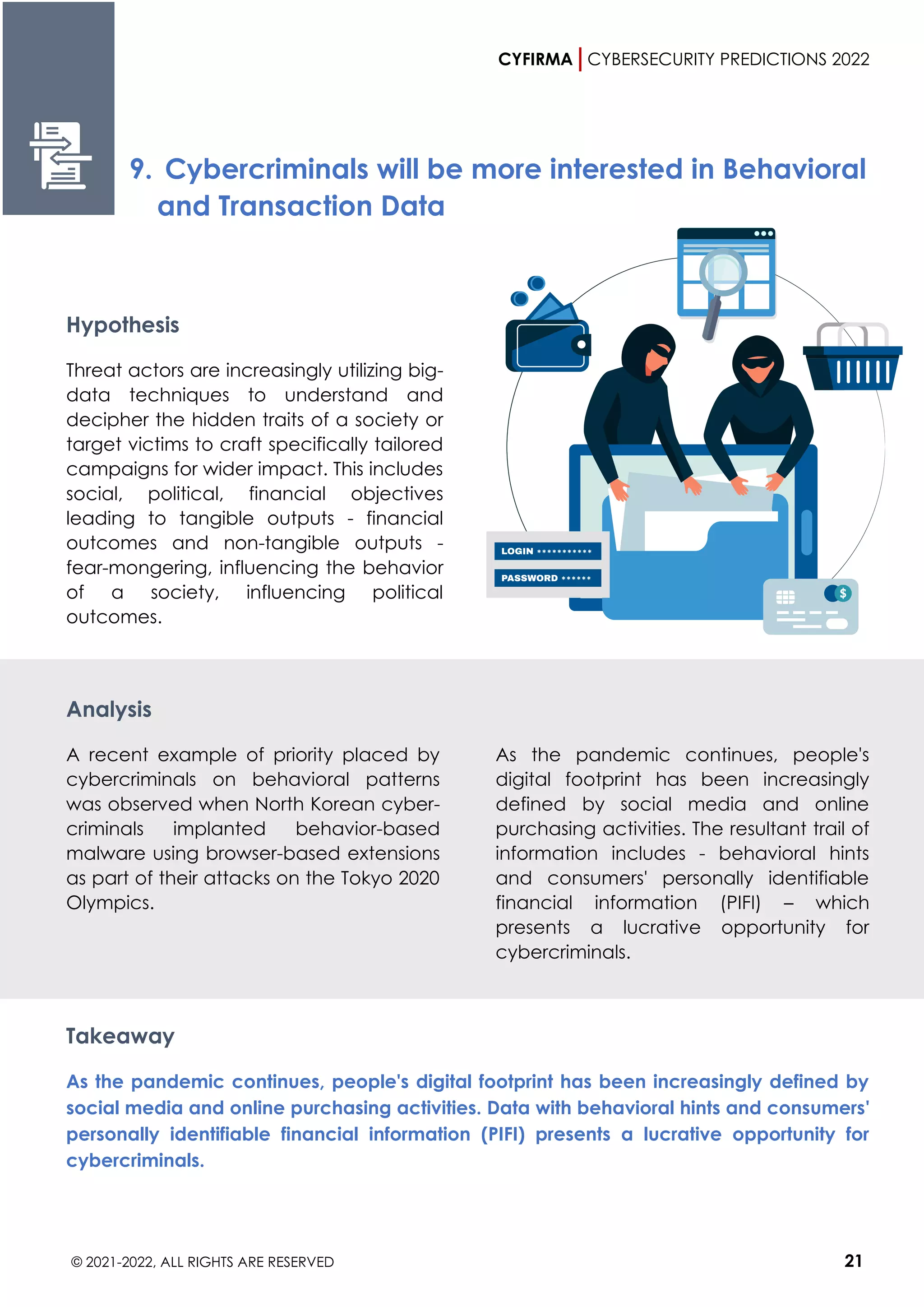 CYFIRMA CYBERSECURITY PREDICTIONS 2022
© 2021-2022, ALL RIGHTS ARE RESERVED 21
9. Cybercriminals will be more interested in Behavioral
and Transaction Data
Hypothesis
Threat actors are increasingly utilizing big-
data techniques to understand and
decipher the hidden traits of a society or
target victims to craft specifically tailored
campaigns for wider impact. This includes
social, political, financial objectives
leading to tangible outputs - financial
outcomes and non-tangible outputs -
fear-mongering, influencing the behavior
of a society, influencing political
outcomes.
Analysis
A recent example of priority placed by
cybercriminals on behavioral patterns
was observed when North Korean cyber-
criminals implanted behavior-based
malware using browser-based extensions
as part of their attacks on the Tokyo 2020
Olympics.
As the pandemic continues, people's
digital footprint has been increasingly
defined by social media and online
purchasing activities. The resultant trail of
information includes - behavioral hints
and consumers' personally identifiable
financial information (PIFI) – which
presents a lucrative opportunity for
cybercriminals.
Takeaway
As the pandemic continues, people's digital footprint has been increasingly defined by
social media and online purchasing activities. Data with behavioral hints and consumers'
personally identifiable financial information (PIFI) presents a lucrative opportunity for
cybercriminals.
 