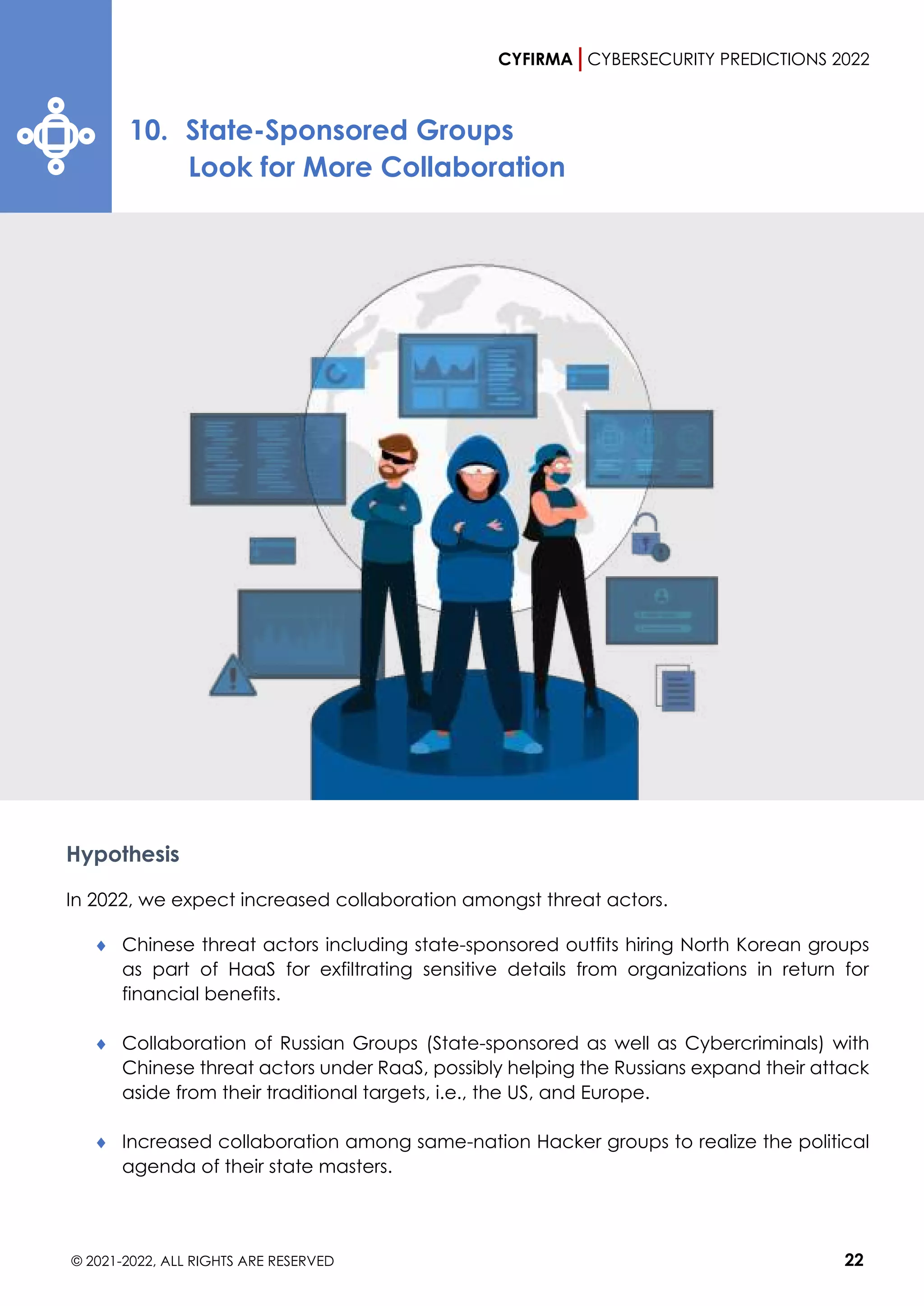 CYFIRMA CYBERSECURITY PREDICTIONS 2022
© 2021-2022, ALL RIGHTS ARE RESERVED 22
10. State-Sponsored Groups
Look for More Collaboration
Hypothesis
In 2022, we expect increased collaboration amongst threat actors.
 Chinese threat actors including state-sponsored outfits hiring North Korean groups
as part of HaaS for exfiltrating sensitive details from organizations in return for
financial benefits.
 Collaboration of Russian Groups (State-sponsored as well as Cybercriminals) with
Chinese threat actors under RaaS, possibly helping the Russians expand their attack
aside from their traditional targets, i.e., the US, and Europe.
 Increased collaboration among same-nation Hacker groups to realize the political
agenda of their state masters.
 
