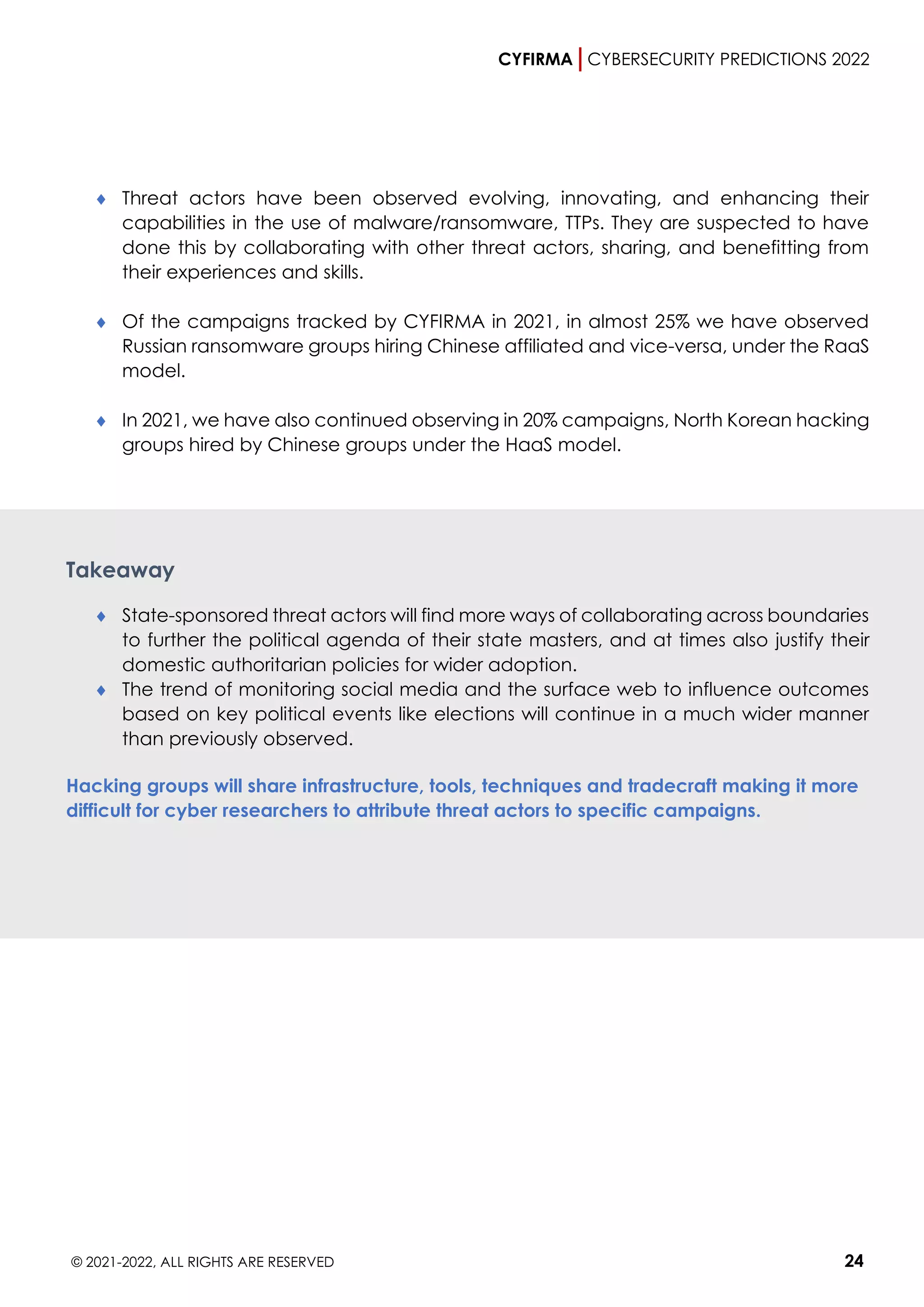 CYFIRMA CYBERSECURITY PREDICTIONS 2022
© 2021-2022, ALL RIGHTS ARE RESERVED 24
 Threat actors have been observed evolving, innovating, and enhancing their
capabilities in the use of malware/ransomware, TTPs. They are suspected to have
done this by collaborating with other threat actors, sharing, and benefitting from
their experiences and skills.
 Of the campaigns tracked by CYFIRMA in 2021, in almost 25% we have observed
Russian ransomware groups hiring Chinese affiliated and vice-versa, under the RaaS
model.
 In 2021, we have also continued observing in 20% campaigns, North Korean hacking
groups hired by Chinese groups under the HaaS model.
Takeaway
 State-sponsored threat actors will find more ways of collaborating across boundaries
to further the political agenda of their state masters, and at times also justify their
domestic authoritarian policies for wider adoption.
 The trend of monitoring social media and the surface web to influence outcomes
based on key political events like elections will continue in a much wider manner
than previously observed.
Hacking groups will share infrastructure, tools, techniques and tradecraft making it more
difficult for cyber researchers to attribute threat actors to specific campaigns.
 