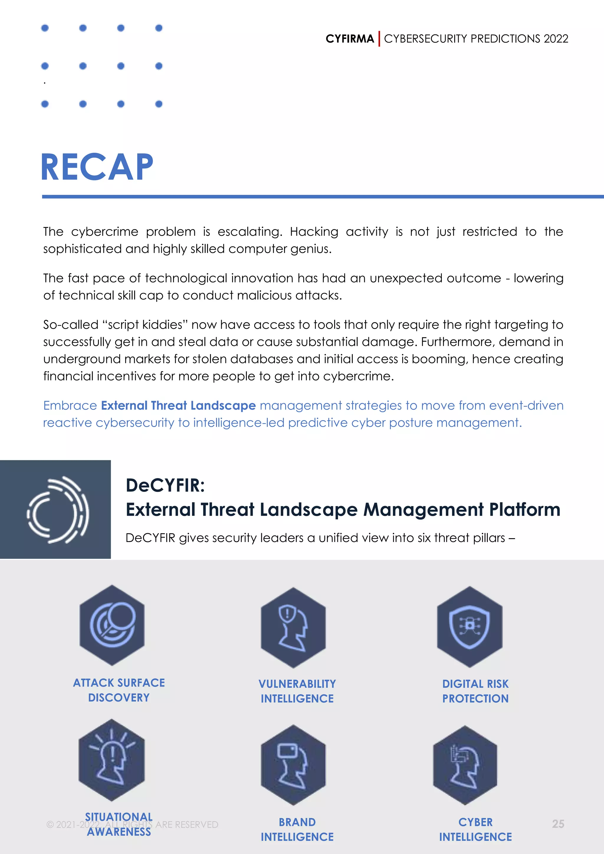 CYFIRMA CYBERSECURITY PREDICTIONS 2022
© 2021-2022, ALL RIGHTS ARE RESERVED 25
.
RECAP
The cybercrime problem is escalating. Hacking activity is not just restricted to the
sophisticated and highly skilled computer genius.
The fast pace of technological innovation has had an unexpected outcome - lowering
of technical skill cap to conduct malicious attacks.
So-called “script kiddies” now have access to tools that only require the right targeting to
successfully get in and steal data or cause substantial damage. Furthermore, demand in
underground markets for stolen databases and initial access is booming, hence creating
financial incentives for more people to get into cybercrime.
Embrace External Threat Landscape management strategies to move from event-driven
reactive cybersecurity to intelligence-led predictive cyber posture management.
DeCYFIR:
External Threat Landscape Management Platform
DeCYFIR gives security leaders a unified view into six threat pillars –
ATTACK SURFACE
DISCOVERY
VULNERABILITY
INTELLIGENCE
BRAND
INTELLIGENCE
CYBER
INTELLIGENCE
DIGITAL RISK
PROTECTION
SITUATIONAL
AWARENESS
 