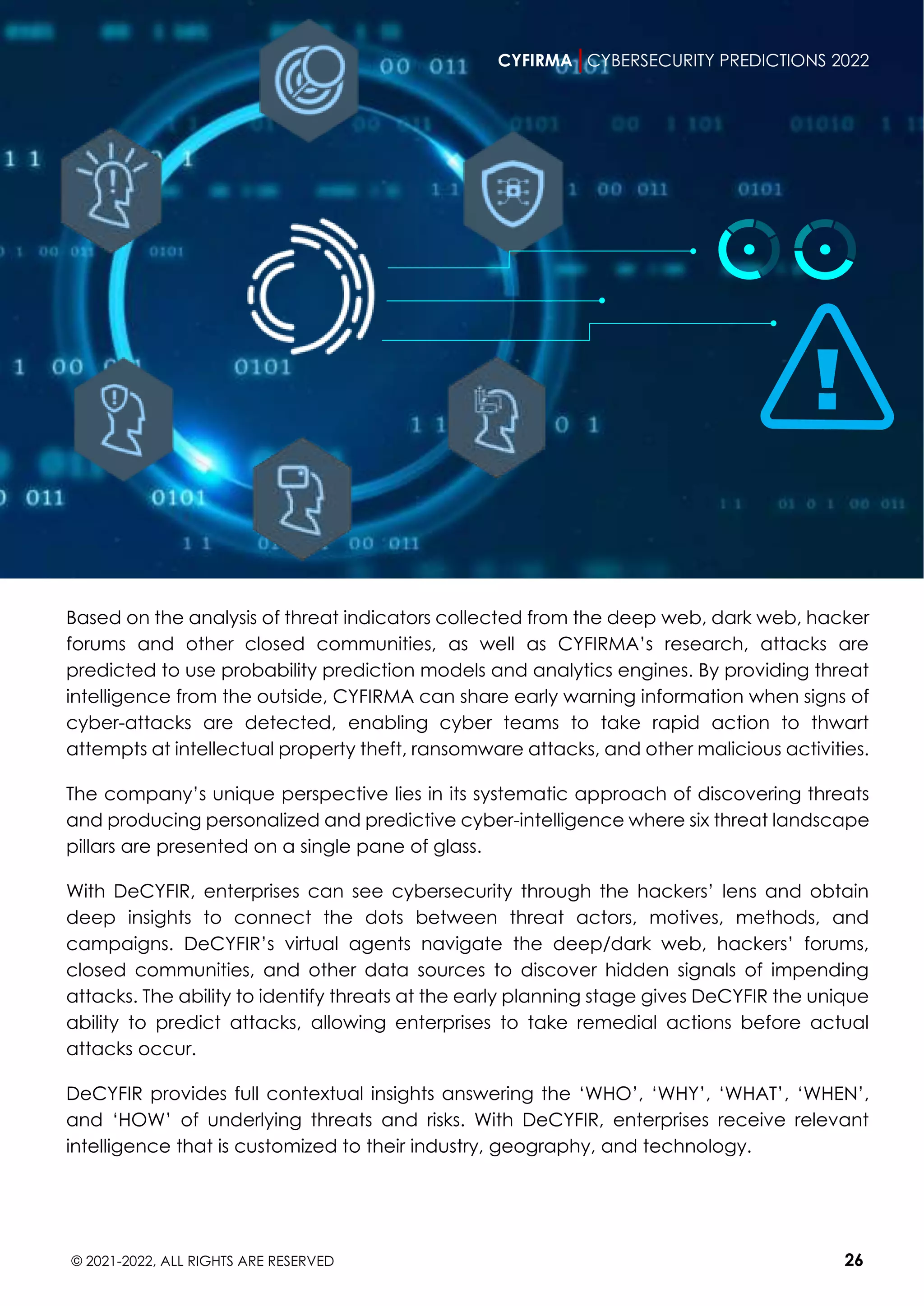 CYFIRMA CYBERSECURITY PREDICTIONS 2022
© 2021-2022, ALL RIGHTS ARE RESERVED 26
Based on the analysis of threat indicators collected from the deep web, dark web, hacker
forums and other closed communities, as well as CYFIRMA’s research, attacks are
predicted to use probability prediction models and analytics engines. By providing threat
intelligence from the outside, CYFIRMA can share early warning information when signs of
cyber-attacks are detected, enabling cyber teams to take rapid action to thwart
attempts at intellectual property theft, ransomware attacks, and other malicious activities.
The company’s unique perspective lies in its systematic approach of discovering threats
and producing personalized and predictive cyber-intelligence where six threat landscape
pillars are presented on a single pane of glass.
With DeCYFIR, enterprises can see cybersecurity through the hackers’ lens and obtain
deep insights to connect the dots between threat actors, motives, methods, and
campaigns. DeCYFIR’s virtual agents navigate the deep/dark web, hackers’ forums,
closed communities, and other data sources to discover hidden signals of impending
attacks. The ability to identify threats at the early planning stage gives DeCYFIR the unique
ability to predict attacks, allowing enterprises to take remedial actions before actual
attacks occur.
DeCYFIR provides full contextual insights answering the ‘WHO’, ‘WHY’, ‘WHAT’, ‘WHEN’,
and ‘HOW’ of underlying threats and risks. With DeCYFIR, enterprises receive relevant
intelligence that is customized to their industry, geography, and technology.
CYFIRMA CYBERSECURITY PREDICTIONS 2022
 