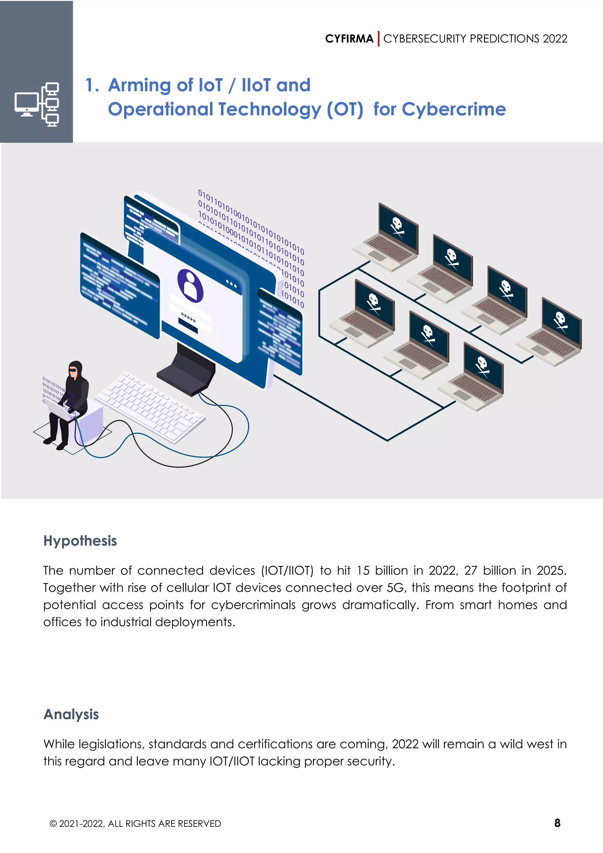 CYFIRMA CYBERSECURITY PREDICTIONS 2022
© 2021-2022, ALL RIGHTS ARE RESERVED 8
1. Arming of IoT / IIoT and
Operational Technology (OT) for Cybercrime
Hypothesis
The number of connected devices (IOT/IIOT) to hit 15 billion in 2022, 27 billion in 2025.
Together with rise of cellular IOT devices connected over 5G, this means the footprint of
potential access points for cybercriminals grows dramatically. From smart homes and
offices to industrial deployments.
Analysis
While legislations, standards and certifications are coming, 2022 will remain a wild west in
this regard and leave many IOT/IIOT lacking proper security.
 