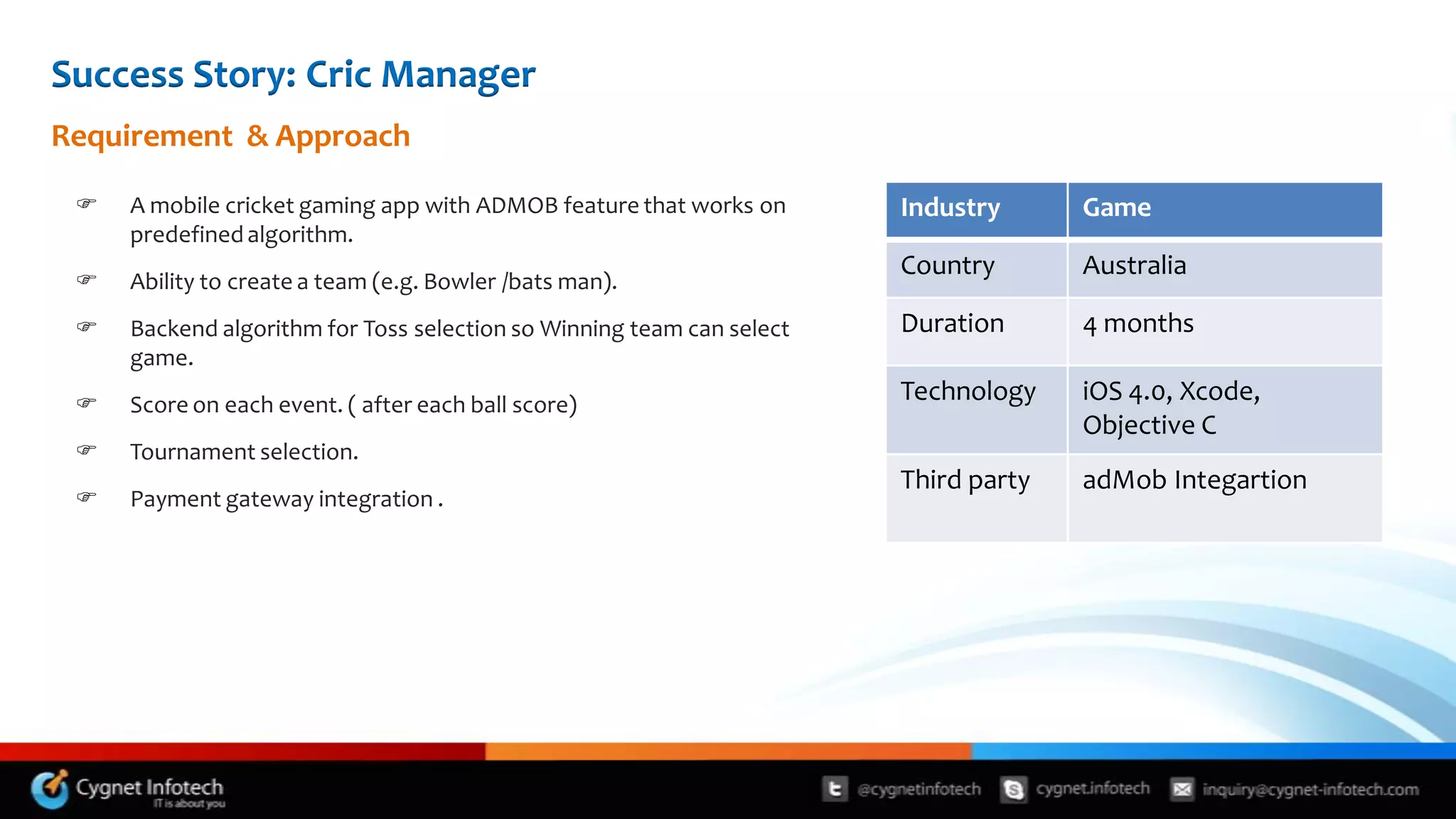Success Story: Cric Manager
Requirement & Approach

    A mobile cricket gaming app with ADMOB feature that works on      Industry      Game
     predefined algorithm.
                                                                       Country       Australia
    Ability to create a team (e.g. Bowler /bats man).
    Backend algorithm for Toss selection so Winning team can select   Duration      4 months
     game.
    Score on each event. ( after each ball score)
                                                                       Technology    iOS 4.0, Xcode,
                                                                                     Objective C
    Tournament selection.
                                                                       Third party   adMob Integartion
    Payment gateway integration .
 