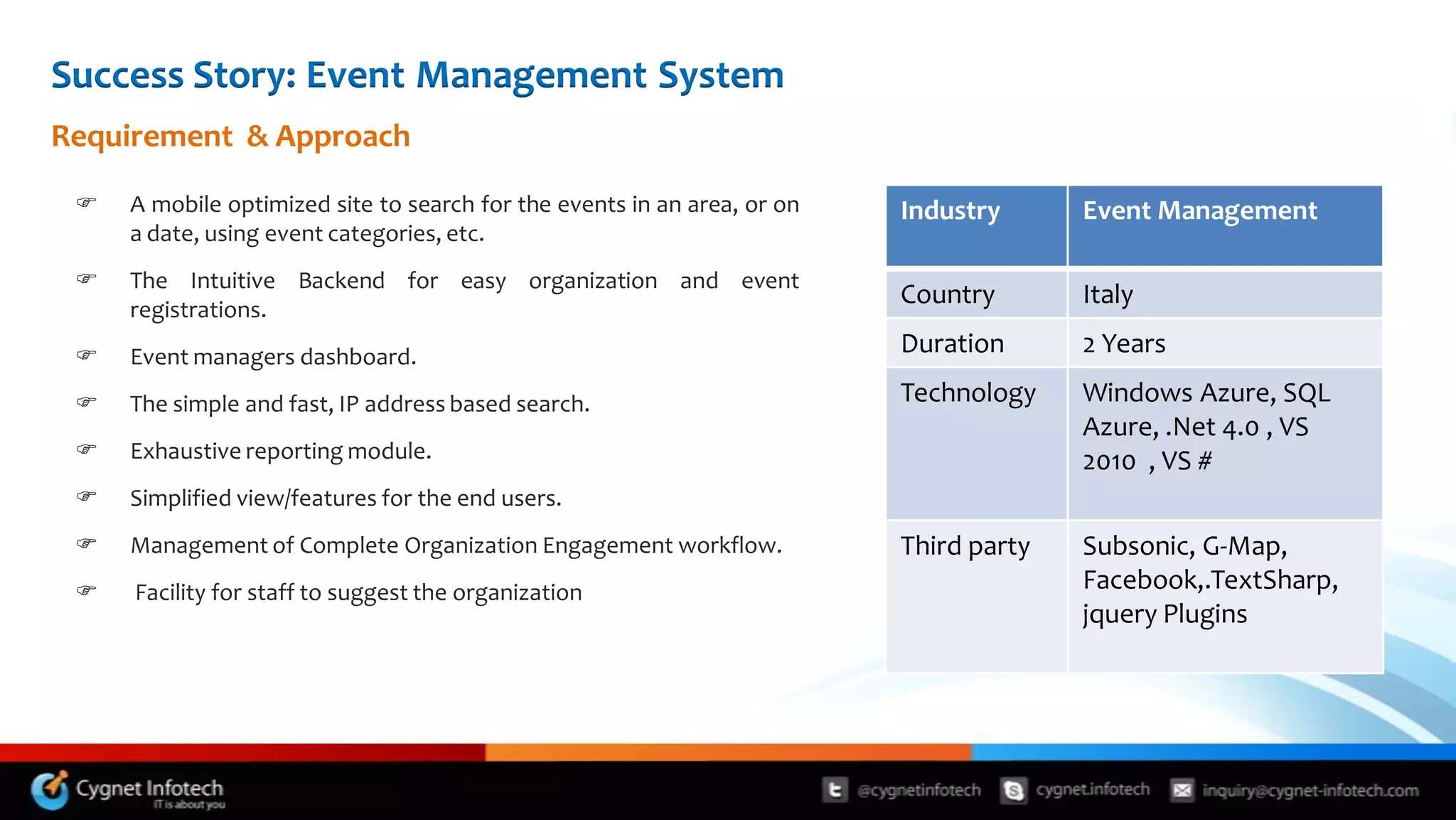 Success Story: Event Management System
Requirement & Approach

    A mobile optimized site to search for the events in an area, or on   Industry      Event Management
     a date, using event categories, etc.
    The Intuitive Backend for easy organization and event
                                                                          Country       Italy
     registrations.
    Event managers dashboard.
                                                                          Duration      2 Years

    The simple and fast, IP address based search.                        Technology    Windows Azure, SQL
                                                                                        Azure, .Net 4.0 , VS
    Exhaustive reporting module.                                                       2010 , VS #
    Simplified view/features for the end users.
    Management of Complete Organization Engagement workflow.             Third party   Subsonic, G-Map,
    Facility for staff to suggest the organization                                     Facebook,.TextSharp,
                                                                                        jquery Plugins
 