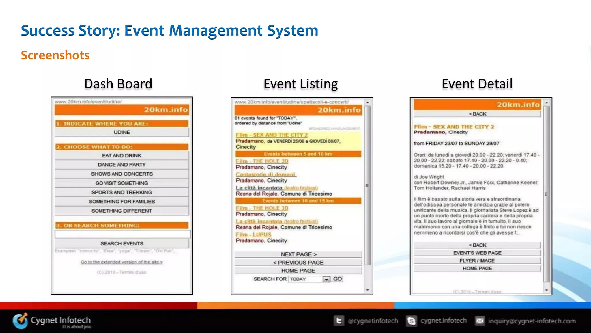 Success Story: Event Management System
Screenshots

          Dash Board          Event Listing   Event Detail
 