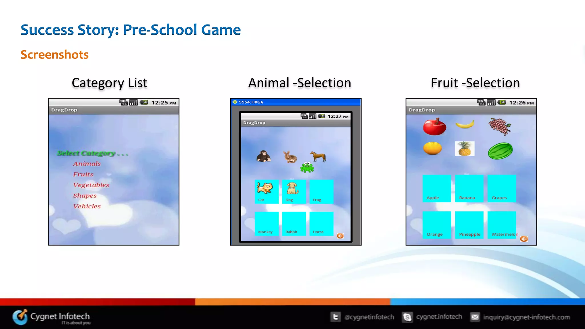 Success Story: Pre-School Game
Screenshots

        Category List            Animal -Selection   Fruit -Selection
 