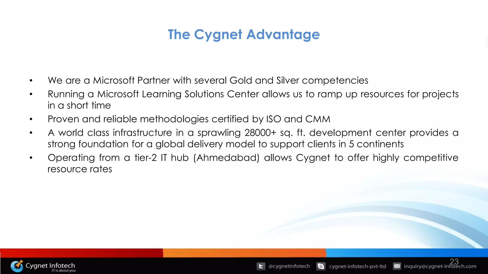 The Cygnet Advantage


•   We are a Microsoft Partner with several Gold and Silver competencies
•   Running a Microsoft Learning Solutions Center allows us to ramp up resources for projects
    in a short time
•   Proven and reliable methodologies certified by ISO and CMM
•   A world class infrastructure in a sprawling 28000+ sq. ft. development center provides a
    strong foundation for a global delivery model to support clients in 5 continents
•   Operating from a tier-2 IT hub (Ahmedabad) allows Cygnet to offer highly competitive
    resource rates




                                                                                           23
 