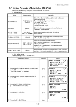 7-21
7 DATA COLLECTION
7.7 Setting Parameter of Data Collect [CONFIG.]
In this mode, the following settings of data collect mode are possible.
Setting Items
How to Set Items
Example Setting: DATA CONFIRM : YES
Menu Selecting Item Contents
F1:DIST MODE
FINE / CRS(1) /
CRS(10)
Select Fine /Coarse(1) /Coarse(10) mode in distance
measurement mode.
The unit to be displayed is as follows.
Fine mode: 1mm
Coarse (1) mode: 1mm
Coarse (10) mode: 10mm
F2:HD/SD HD/SD
Select the distance measurement mode Horizontal
Distance or Slope distance.
F3:MEAS. SEQ.
N-TIMES /
SINGLE / REPEAT
Select to set measurement mode for distance
measurement.
F1:DATA CONFIRM YES/NO
It is possible to confirm the result of measuring data
before the data is recorded.
F2:COLLECT SEQ.
[EDIT→MEAS] /
[MEAS→EDIT]
Select the procedure of data collection.
[EDIT→MEAS] :Measurement is carried out after
entering other data.
[MEAS→EDIT] :Measurement is carried out before
entering other data.
F3:NEZ AUTO. CALC ON/OFF
It is possible to calculate coordinate value of data collected
and store it into coordinate data file in every data collection.
Operating procedure Operation Display
1 Press the [F3] (CONFIG.) key from the data collect
menu 2/2.
The CONFIG menu 1/2 is shown.
[F3]
2 Press the [F4](P↓) key to display the CONFIG
menu 2/2.
[F4]
3 Press the [F1] (DATA CONFIRM) key.
[ ] indicates the current setting.
[F1]
4 Press the [F1] (YES) key. [F1]
5 Press the [F4] (ENTER) key. [F4]
DATA COLLECT 2/2
F1:SELECT A FILE
F2:PCODE INPUT
F3:CONFIG. P↓
CONFIG. 1/2
F1:DIST MODE
F2:HD/SD
F3:MEAS. SEQ. P↓
CONFIG. 2/2
F1:DATA CONFIRM
F2:COLLECT SEQ.
F3:NEZ AUTO.CALC P↓
DATA CONFIRM
F1:YES
[F2:NO ]
ENTER
DATA CONFIRM
[F1:YES]
F2:NO
ENTER
 