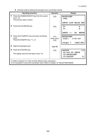 8-8
8 LAYOUT
Example setting: Setting the backsight point coordinates directly
Operating procedure Operation Display
1 Press the [F2](BACKSIGHT) key from the Layout
menu 1/2.
The previous data is shown.
[F2]
2 Press the [F3] (NE/AZ) key. [F3]
3 Press the [F1](INPUT) key and enter coordinate
value.
Press the [F4](ENT) key. *1) , 2)
[F1]
Enter coord.
[F4]
4 Sight the backsight point. Sight BK
5 Press the [F3](YES) key.
The display returns to the layout menu 1/2.
[F3]
*1) Refer to Section 2.5 “How to Enter Alphanumeric characters”.
*2) It is possible to record the coordinate value. Refer to Chapter 16 “SELECTING MODE”.
BACKSIGHT
PT#:
INPUT LIST NE/AZ ENT
N→ m
E: m
INPUT ––– AZ ENTER
BACKSIGHT
H(B)= 0°00'00"
>Sight ? [YES][NO]
LAYOUT 1/2
F1:OCC.PT INPUT
F2:BACKSIGHT
F3:LAYOUT P↓
 