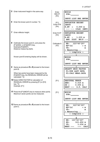 8-15
8 LAYOUT
5 Enter instrument height in the same way. Enter
INS.HT
[F4]
6 Enter the known point A number. *3) [F1]
Enter PT#
[F4]
7 Enter reflector height. Enter R.HT
[F4]
8 Collimate the known point A, and press the
[F1](ANG) or [F2](DIST) key.
Example:[F2](DIST)
Distance measuring starts.
Known point B entering display will be shown.
Collimate A
[F2]
9 Same as procedure 6 to 8 proceed to the known
point B.
When two points have been measured by the
[F2](DIST) key, the RESIDUAL ERROR will be
calculated. *4)
10 Select GRID FACTOR for calculation of
RESIDUAL ERROR by pressing [F1] or [F2]
key. *5)
Example: [F1]
[F1]
11 Press the [F1](NEXT) key to measure other points.
Maximum seven points can be measured.
[F1]
12 Same as procedure 6 to 8 proceed to the known
point C.
NO01#
PT#:
INPUT LIST NEZ ENTER
REFLECTOR HEIGHT
INPUT
R.HT = 0.000 m
--- --- [CLR] [ENT]
REFLECTOR HEIGHT
INPUT
R.HT : 1.235 m
ANG DIST NP/P ---
HR: 123°40'20"
HD*[n] < m
VD: m
> Measuring...
< complete >
NO02#
PT#:
INPUT LIST NEZ ENTER
SELECT GRID FACTOR
F1:USE LAST DATA
F2:CALC MEAS.DATA
RESIDUAL ERROR
dHD= 0.015 m
dZ = 0.005 m
NEXT ––– G.F. CALC
NO03#
PT#:
INPUT LIST NEZ ENTER
HR: 123°40'20"
HD*[n] < m
VD: m
> Measuring...
< complete >
HR: 123°40'20"
HD: 123.456 m
VD: 1.234 m
NEXT ––– ––– CALC
 