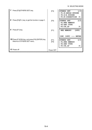 16-4
16 SELECTING MODE
7 Press [F3](OTHERS SET) key. [F3]
8 Press [F4](P↓) key, to get the function in page 2 . [F4]
9 Press [F1] key. [F1]
10 Press [F1](ON) key, and press [F4] (ENTER) key.
Returns to OTHERS SET menu.
[F1]
[F4]
11 Power off Power OFF
OTHERS SET 1/5
F1:H-ANGLE BUZZER
F2:S/A BUZZER
F3:W-CORRECTION P↓
OTHERS SET 2/5
F1:NEZ MEMORY
F2:REC TYPE
F3:CR,LF P↓
NEZ MEMORY [OFF]
[ON] [OFF] ––– ENTER
OTHERS SET 2/5
F1:NEZ MEMORY
F2:REC TYPE
F3:CR,LF P↓
 