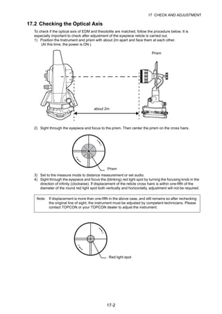 17-2
17 CHECK AND ADJUSTMENT
17.2 Checking the Optical Axis
To check if the optical axis of EDM and theodolite are matched, follow the procedure below. It is
especially important to check after adjustment of the eyepiece reticle is carried out.
1) Position the Instrument and prism with about 2m apart and face them at each other.
(At this time, the power is ON.)
2) Sight through the eyepiece and focus to the prism. Then center the prism on the cross hairs.
3) Set to the measure mode to distance measurement or set audio.
4) Sight through the eyepiece and focus the (blinking) red light spot by turning the focusing knob in the
direction of infinity (clockwise). If displacement of the reticle cross hairs is within one-fifth of the
diameter of the round red light spot both vertically and horizontally, adjustment will not be required.
Note: If displacement is more than one-fifth in the above case, and still remains so after rechecking
the original line of sight, the instrument must be adjusted by competent technicians. Please
contact TOPCON or your TOPCON dealer to adjust the instrument.
about 2m
Prism
Prism
Red light spot
 