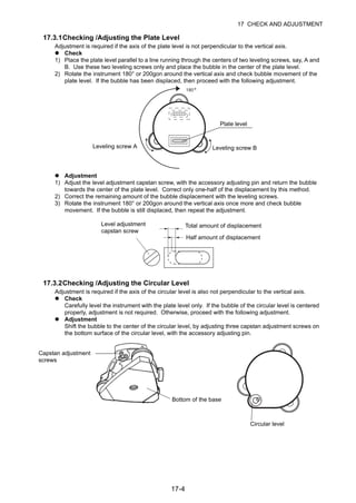17-4
17 CHECK AND ADJUSTMENT
17.3.1Checking /Adjusting the Plate Level
Adjustment is required if the axis of the plate level is not perpendicular to the vertical axis.
Check
1) Place the plate level parallel to a line running through the centers of two leveling screws, say, A and
B. Use these two leveling screws only and place the bubble in the center of the plate level.
2) Rotate the instrument 180° or 200gon around the vertical axis and check bubble movement of the
plate level. If the bubble has been displaced, then proceed with the following adjustment.
Adjustment
1) Adjust the level adjustment capstan screw, with the accessory adjusting pin and return the bubble
towards the center of the plate level. Correct only one-half of the displacement by this method.
2) Correct the remaining amount of the bubble displacement with the leveling screws.
3) Rotate the instrument 180° or 200gon around the vertical axis once more and check bubble
movement. If the bubble is still displaced, then repeat the adjustment.
17.3.2Checking /Adjusting the Circular Level
Adjustment is required if the axis of the circular level is also not perpendicular to the vertical axis.
Check
Carefully level the instrument with the plate level only. If the bubble of the circular level is centered
properly, adjustment is not required. Otherwise, proceed with the following adjustment.
Adjustment
Shift the bubble to the center of the circular level, by adjusting three capstan adjustment screws on
the bottom surface of the circular level, with the accessory adjusting pin.
Leveling screw A
Plate level
Leveling screw B
Level adjustment
capstan screw
Half amount of displacement
Total amount of displacement
Capstan adjustment
screws
Bottom of the base
Circular level
 