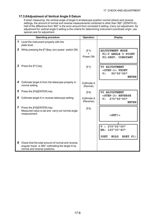 17-8
17 CHECK AND ADJUSTMENT
17.3.6Adjustment of Vertical Angle 0 Datum
If when measuring the vertical angle of target A at telescope position normal (direct) and reverse
settings, the amount of normal and reverse measurements combined is other than 360° (ZENITH-0),
half of the difference from 360° is the error amount from corrected 0 setting. Carry out adjustment. As
adjustment for vertical angle 0 setting is the criteria for determining instrument coordinate origin, use
special care for adjustment.
Operating procedure Operation Display
1 Level the instrument properly with the
plate level.
2 While pressing the [F1]key, turn power switch ON. [F1]
+
Power ON
3 Press the [F1] key. [F1]
4 Collimate target A from the telescope properly in
normal setting.
Collimate A
(Normal)
5 Press the [F4](ENTER) key.
6 Collimate target A in reverse telescope setting.
[F4]
Collimate A
(Reverse)
7 Press the [F4](ENTER) key.
Measured value is set and carry out normal angle
measurement.
[F4]
8 Check that the total amount of normal and reverse
angular travel is 360° collimating the target A by
normal and reverse positions.
ADJUSTMENT MODE
F1:V ANGLE 0 POINT
F2:INST. CONSTANT
V0 ADJUSTMENT
<STEP-1> FRONT
V: 90°00'00"
ENTER
V0 ADJUSTMENT
<STEP-2> REVERSE
V: 270°00'00"
ENTER
<SET!>
V : 270°00'00"
HR: 120°30'40"
0SET HOLD HSET P1↓
 
