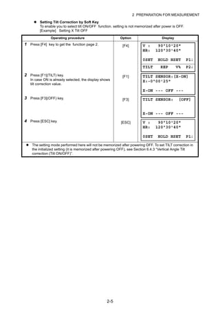 2-5
2 PREPARATION FOR MEASUREMENT
Setting Tilt Correction by Soft Key
To enable you to select tilt ON/OFF function. setting is not memorized after power is OFF.
[Example] Setting X Tilt OFF
Operating procedure Option Display
1 Press [F4] key to get the function page 2. [F4]
2 Press [F1](TILT) key.
In case ON is already selected, the display shows
tilt correction value.
[F1]
3 Press [F3](OFF) key. [F3]
4 Press [ESC] key. [ESC]
The setting mode performed here will not be memorized after powering OFF. To set TILT correction in
the initialized setting (it is memorized after powering OFF), see Section 6.4.3 “Vertical Angle Tilt
correction (Tilt ON/OFF)”.
V : 90°10'20"
HR: 120°30'40"
0SET HOLD HSET P1↓
TILT REP V% P2↓
TILT SENSOR:[X-ON]
X:-0°00'25"
X-ON --- OFF ---
TILT SENSOR: [OFF]
X-ON --- OFF ---
V : 90°10'20"
HR: 120°30'40"
0SET HOLD HSET P1↓
 