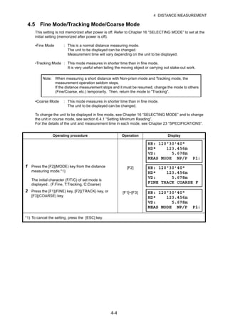 4-4
4 DISTANCE MEASUREMENT
4.5 Fine Mode/Tracking Mode/Coarse Mode
This setting is not memorized after power is off. Refer to Chapter 16 “SELECTING MODE” to set at the
initial setting (memorized after power is off).
•Fine Mode : This is a normal distance measuring mode.
The unit to be displayed can be changed.
Measurement time will vary depending on the unit to be displayed.
•Tracking Mode : This mode measures in shorter time than in fine mode.
It is very useful when tailing the moving object or carrying out stake-out work.
•Coarse Mode : This mode measures in shorter time than in fine mode.
The unit to be displayed can be changed.
To change the unit to be displayed in fine mode, see Chapter 16 “SELECTING MODE” and to change
the unit in course mode, see section 6.4.1 “Setting Minimum Reading”.
For the details of the unit and measurement time in each mode, see Chapter 23 “SPECIFICATIONS”.
Note: When measuring a short distance with Non-prism mode and Tracking mode, the
measurement operation seldom stops.
If the distance measurement stops and it must be resumed, change the mode to others
(Fine/Coarse, etc.) temporarily. Then, return the mode to "Tracking".
Operating procedure Operation Display
1 Press the [F2](MODE) key from the distance
measuring mode.*1)
The initial character (F/T/C) of set mode is
displayed . (F:Fine, T:Tracking, C:Coarse)
[F2]
2 Press the [F1](FINE) key, [F2](TRACK) key, or
[F3](COARSE) key.
[F1]~[F3]
*1) To cancel the setting, press the [ESC] key.
HR: 120°30'40"
HD* 123.456m
VD: 5.678m
MEAS MODE NP/P P1↓
HR: 120°30'40"
HD* 123.456m
VD: 5.678m
FINE TRACK COARSE F
HR: 120°30'40"
HD* 123.456m
VD: 5.678m
MEAS MODE NP/P P1↓
 