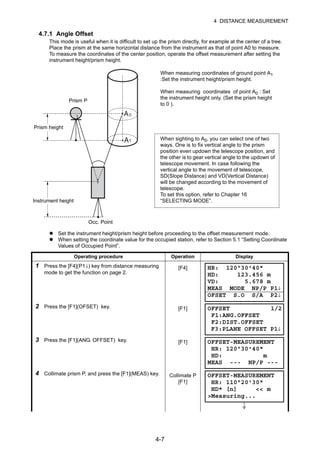 4-7
4 DISTANCE MEASUREMENT
4.7.1 Angle Offset
This mode is useful when it is difficult to set up the prism directly, for example at the center of a tree.
Place the prism at the same horizontal distance from the instrument as that of point A0 to measure.
To measure the coordinates of the center position, operate the offset measurement after setting the
instrument height/prism height.
Set the instrument height/prism height before proceeding to the offset measurement mode.
When setting the coordinate value for the occupied station, refer to Section 5.1 “Setting Coordinate
Values of Occupied Point”.
Operating procedure Operation Display
1 Press the [F4](P1↓) key from distance measuring
mode to get the function on page 2.
[F4]
2 Press the [F1](OFSET) key. [F1]
3 Press the [F1](ANG. OFFSET) key. [F1]
4 Collimate prism P, and press the [F1](MEAS) key. Collimate P
[F1]
Prism P
Prism height
Instrument height
Occ. Point
When measuring coordinates of ground point A1
:Set the instrument height/prism height.
When measuring coordinates of point A0 : Set
the instrument height only. (Set the prism height
to 0 ).
When sighting to A0, you can select one of two
ways. One is to fix vertical angle to the prism
position even updown the telescope position, and
the other is to gear vertical angle to the updown of
telescope movement. In case following the
vertical angle to the movement of telescope,
SD(Slope Distance) and VD(Vertical Distance)
will be changed according to the movement of
telescope.
To set this option, refer to Chapter 16
“SELECTING MODE”.
HR: 120°30'40"
HD: 123.456 m
VD: 5.678 m
MEAS MODE NP/P P1↓
OFSET S.O S/A P2↓
OFFSET 1/2
F1:ANG.OFFSET
F2:DIST.OFFSET
F3:PLANE OFFSET P1↓
OFFSET-MEASUREMENT
HR: 120°30'40"
HD: m
MEAS --- NP/P ---
OFFSET-MEASUREMENT
HR: 110°20'30"
HD* [n] << m
>Measuring...
 