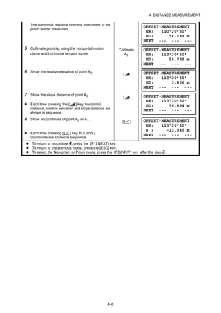 4-8
4 DISTANCE MEASUREMENT
The horizontal distance from the instrument to the
prism will be measured.
5 Collimate point A0 using the horizontal motion
clamp and horizontal tangent screw.
Collimate
A0
6 Show the relative elevation of point A0.
[ ]
7 Show the slope distance of point A0.
Each time pressing the [ ] key, horizontal
distance, relative elevation and slope distance are
shown in sequence.
[ ]
8 Show N coordinate of point A0 or A1.
Each time pressing [ ] key, N,E and Z
coordinate are shown in sequence.
[ ]
To return to procedure 4, press the [F1](NEXT) key.
To return to the previous mode, press the [ESC] key.
To select the Non-prism or Prism mode, press the [F3](NP/P) key after the step 3.
OFFSET-MEASUREMENT
HR: 110°20'30"
HD: 56.789 m
NEXT --- --- ---
OFFSET-MEASUREMENT
HR: 113°30'50"
HD: 56.789 m
NEXT --- --- ---
OFFSET-MEASUREMENT
HR: 113°20'30"
VD: 3.456 m
NEXT --- --- ---
OFFSET-MEASUREMENT
HR: 113°20'30"
SD: 56.894 m
NEXT --- --- ---
OFFSET-MEASUREMENT
HR: 113°20'30"
N : -12.345 m
NEXT --- --- ---
 