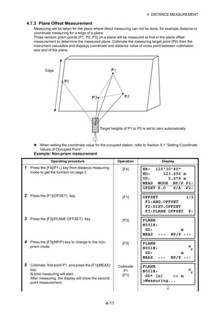 4-11
4 DISTANCE MEASUREMENT
4.7.3 Plane Offset Measurement
Measuring will be taken for the place where direct measuring can not be done, for example distance or
coordinate measuring for a edge of a plane.
Three random prism points (P1, P2, P3) on a plane will be measured at first in the plane offset
measurement to determine the measured plane. Collimate the measuring target point (P0) then the
instrument calculates and displays coordinate and distance value of cross point between collimation
axis and of the plane.
When setting the coordinate value for the occupied station, refer to Section 5.1 “Setting Coordinate
Values of Occupied Point”.
Example: Non-prism measurement
Operating procedure Operation Display
1 Press the [F4](P1↓) key from distance measuring
mode to get the function on page 2.
[F4]
2 Press the [F1](OFSET) key. [F1]
3 Press the [F3](PLANE OFFSET) key. [F3]
4 Press the [F3](NP/P) key to change to the non-
prism mode.
[F3]
5 Collimate first point P1, and press the [F1](MEAS)
key.
N-time measuring will start.
After measuring, the display will show the second
point measurement.
Collimate
P1
[F1]
P
P
P23P
Target heights of P1 to P3 is set to zero automatically.
Edge
HR: 120°30'40"
HD: 123.456 m
VD: 5.678 m
MEAS MODE NP/P P1↓
OFSET S.O S/A P2↓
OFFSET 1/2
F1:ANG.OFFSET
F2:DIST.OFFSET
F3:PLANE OFFSET P↓
PLANE
N001#:
SD: m
MEAS --- NP/P ---
PLANE
N001#: N
P
SD: m
MEAS --- NP/P ---
PLANE
N001#: N
P
SD* [n] << m
>Measuring...
 